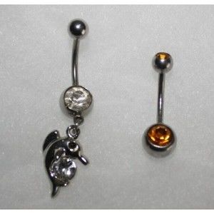 Dolphin & Gold Rhinestone Dangle Belly Rings (2) 14 Gauge Stainless Steel NIP